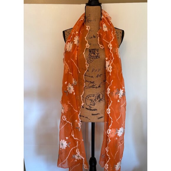 Orange Floral Embroidered Sheer Scarf Wrap Shawl - Picture 7 of 12